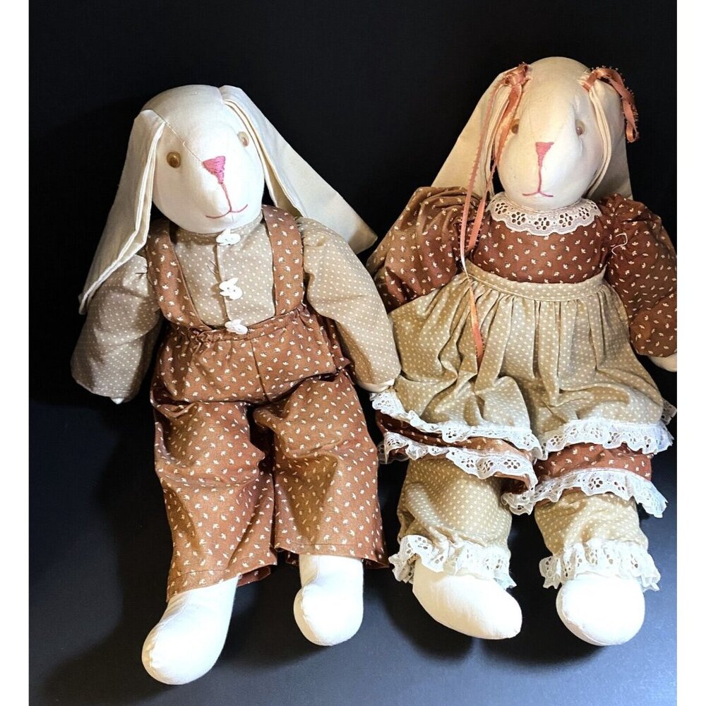 Handcrafted Cloth Bunny Dolls Shelf Sitter 20" Girl in Dress and Boy in Overalls